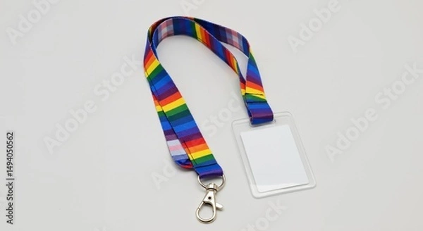 Fototapeta A colorful rainbow-striped fabric lanyard with a silver metal clasp attached to a clear plastic vertical ID badge holder containing a blank white card, isolated on a plain white background.