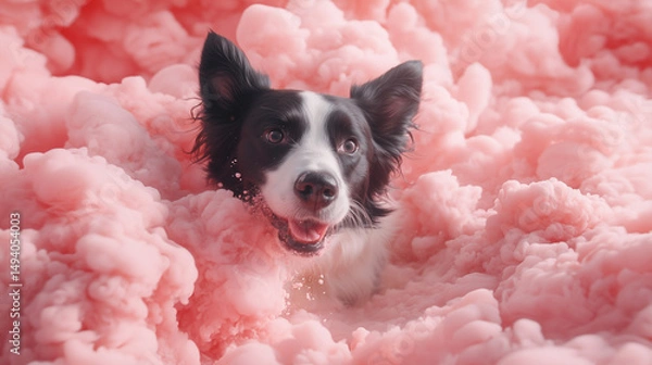 Fototapeta A border collie emerges playfully from vibrant pink fluffy clouds, showcasing excitement and joy in a picturesque park setting under a clear sky