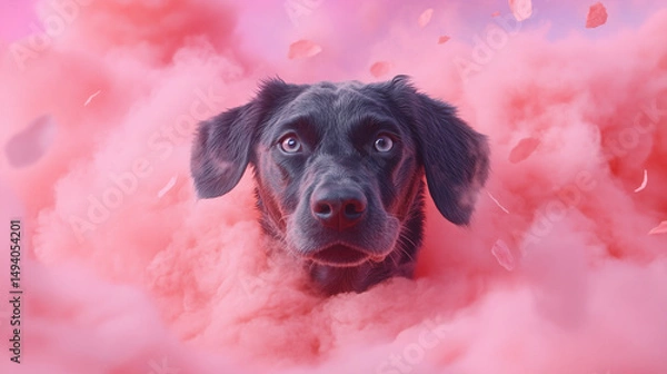 Fototapeta A black dog with striking blue eyes appears amidst fluffy pink clouds, creating a dreamlike atmosphere. The unique colors enhance the enchanting mood