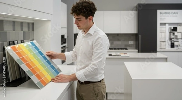 Fototapeta Young Caucasian man carefully examines a colorful tile sample board while standing in a modern kitchen showroom, considering options for home renovation.