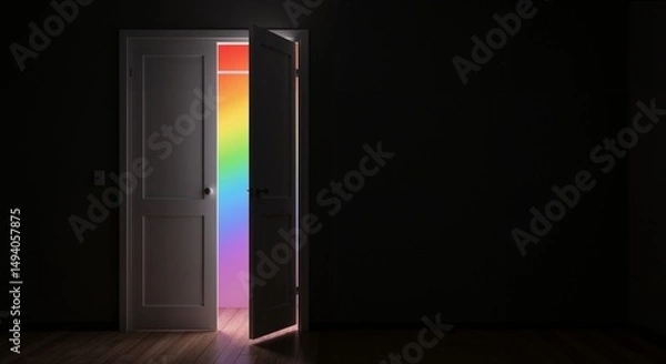 Fototapeta A closet door slightly ajar in a dark room, with vibrant rainbow light symbolizing LGBTQ+ pride and the concept of coming out, illuminating the wooden floor.
