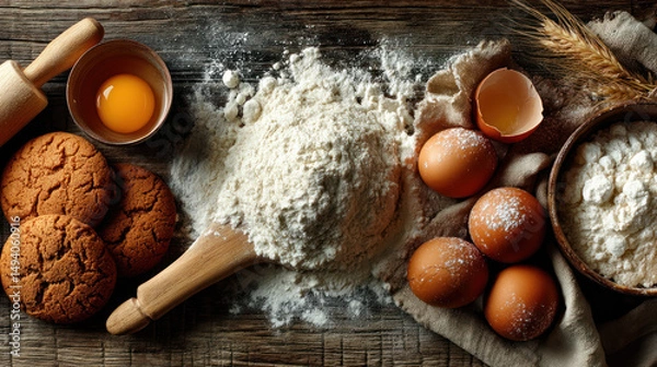Fototapeta A home baking setup with flour, eggs, and freshly baked cookies on rustic wooden table creating warm and cozy atmosphere