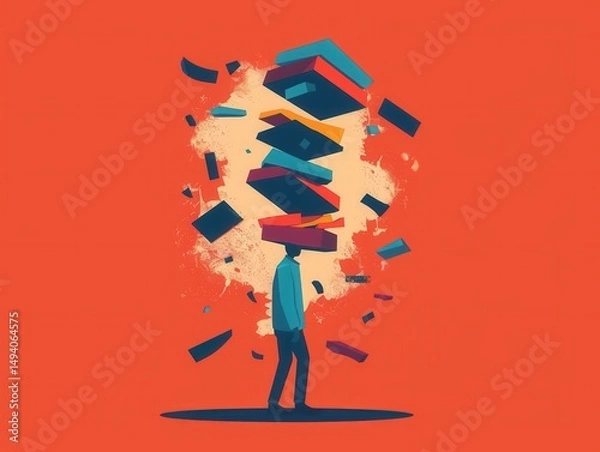 Obraz Geometric shapes overwhelm a figure, flat design shows emotional weight crushing simple form abstract portrayal.