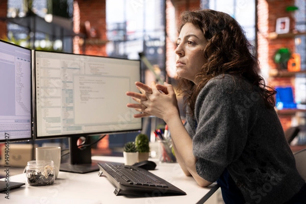 Fototapeta Young woman programming software code on her computer, using coding language for debugging tasks. Workspace with dual monitors helps with software engineering and web development.