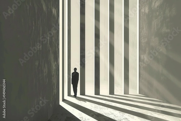 Obraz Solitary figure trapped within geometric bars an abstract mental prison with minimal style complexity in monochrome tones.