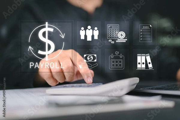 Fototapeta Payroll Management and Salary Processing System. Businessman calculates payroll, with icons representing employee salaries management, payment scheduling, efficient payroll, financial documentation,