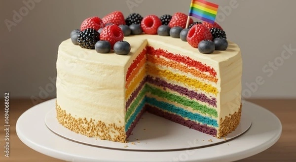Fototapeta Delicious rainbow layer cake with white frosting, topped with fresh mixed berries and a small pride flag, displayed on a white cake stand with a slice removed.