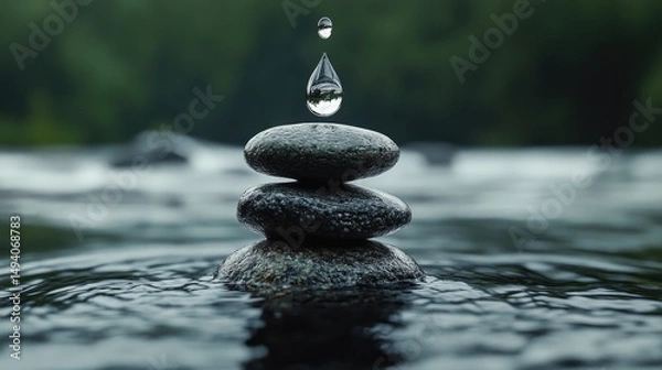 Obraz Clear droplet hanging above dark stone and water, a minimalist image symbolizing balance, calm, and liquid alchemy in nature