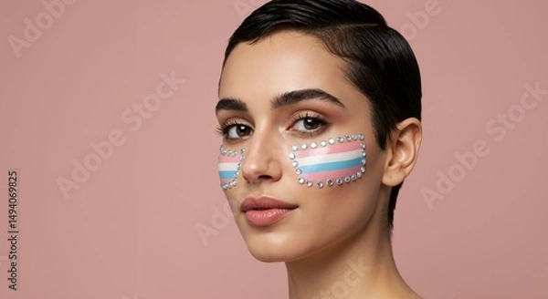Fototapeta Portrait of a young adult with short dark hair and transgender pride flag makeup with rhinestones on their cheeks, looking confidently at the camera against a pink background.