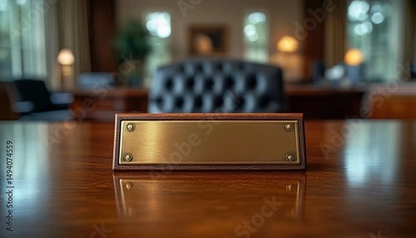 Obraz empty brass nameplate on wooden desk in an office setting with leather tufted chair blurred in background