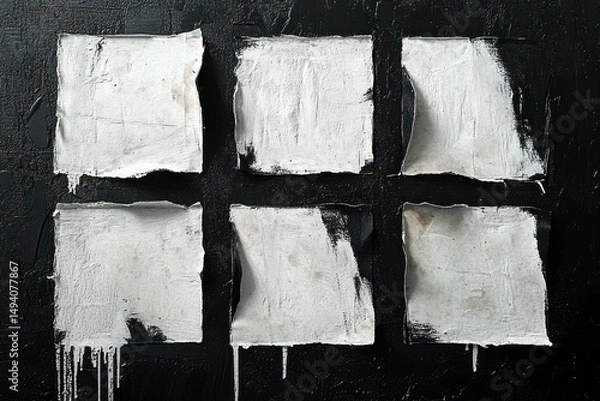 Obraz Six uneven white painted rectangles on a black textured surface with paint drips and peeling edges, creating an abstract, rough, and artistic composition