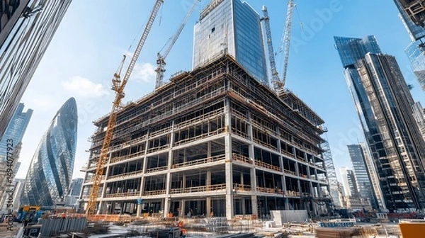 Fototapeta Skyscraper under construction with cranes and city skyline