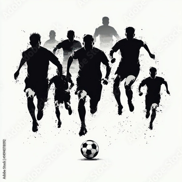 Obraz group of seven soccer players running dynamically towards a soccer ball with splattered paint effect in black and white