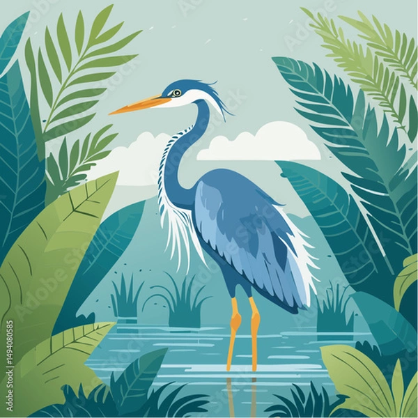 Fototapeta Vector Cartoon Image of Everglades Swamp Critters Amidst Tropical Foliage: Great Blue Heron