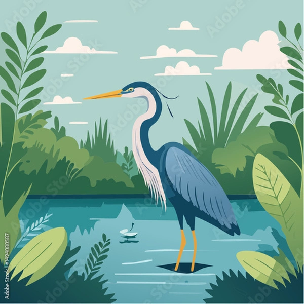 Fototapeta Vector Cartoon Image of Everglades Swamp Critters Amidst Tropical Foliage: Great Blue Heron