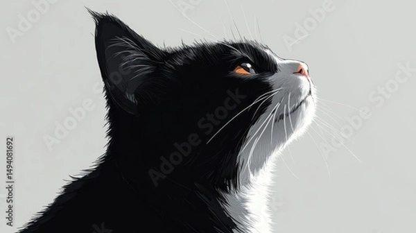 Obraz Artistic rendering of a tuxedo cat gazing upwards with attentive focus