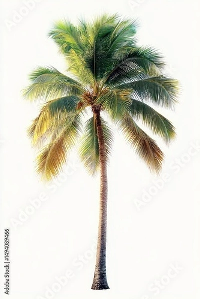 Fototapeta Tall coconut palm tree with lush green and yellow fronds isolated on white background