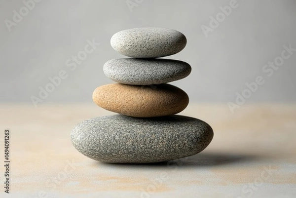 Fototapeta Stack of four smooth oval pebbles balanced on a beige surface with a neutral gray background, conveying calmness and balance