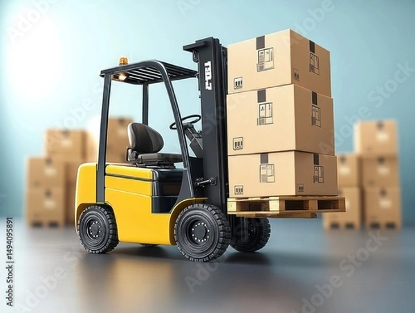 Fototapeta yellow forklift carrying stacked cardboard boxes on a wooden pallet in a bright warehouse with blurred boxes in the background