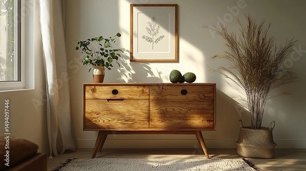 Obraz Sunlit wooden dresser in minimalist room, styled with plants and fruit