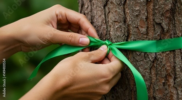 Obraz Hands Tying Green Ribbon Around Tree Trunk Nature Conservation Concept