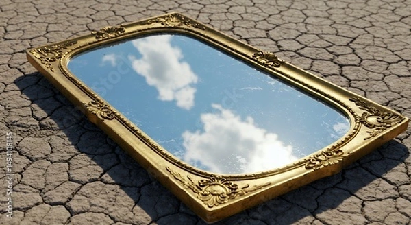 Obraz Ornate Golden Mirror Reflecting Sky on Cracked Earth Surface