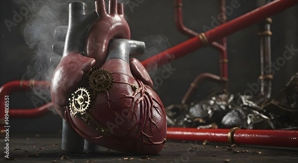 Obraz 3D Metallic Heart Steampunk Heart Gear Mechanism in Dark Smoky Setting in factory gears, pipes, tubes, core factory