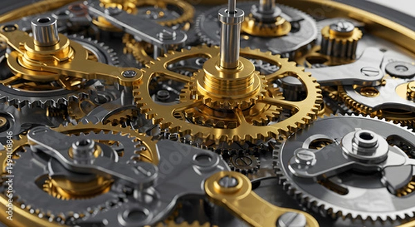 Obraz golden accurate old watch mechanism Close-Up of a Finely Detailed Antique Pocket Watch with Intricate Mechanical Gears and Blue Accents