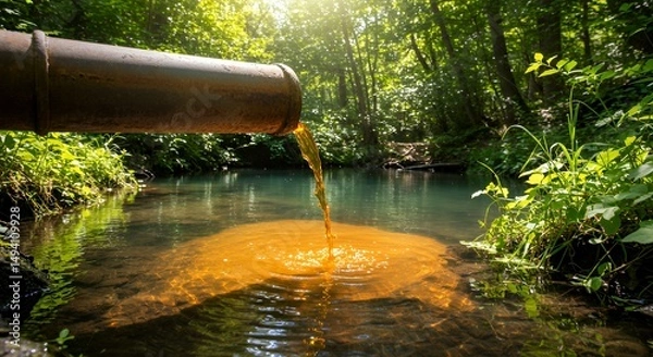 Obraz Polluted Water Flowing from Pipe into a Pristine Forest Stream