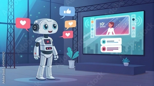 Fototapeta Robot interacting with social media on a large screen display