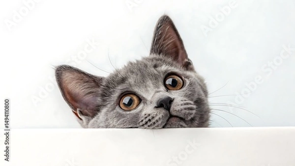Fototapeta Gray cat with big eyes peering over a white surface curiously