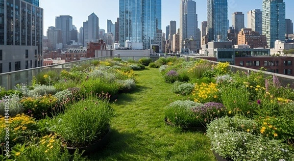 Obraz Rooftop Garden Oasis with Lush Flowers and City Skyline View