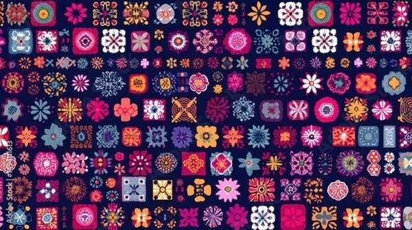 Fototapeta Motifs géométriques et floraux multicolores sur fond foncé