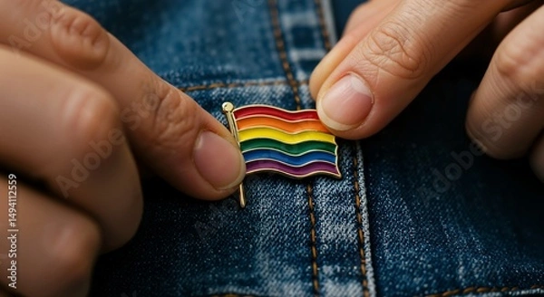 Fototapeta Close-up of a person's hands carefully pinning a small, colorful LGBTQ+ rainbow pride flag enamel pin onto the lapel of a blue denim jacket, symbolizing support and identity.