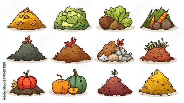 Fototapeta Collection d'icônes de compost et de produits agricoles dessinés à la main