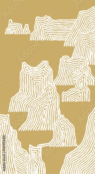 Fototapeta Hand drawn brush lines abstract mountains background, Japanese folk and ethnic wood carving, block print texture pattern, simple landscape graphic for carpet, textile, decoration