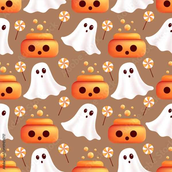 Fototapeta Happy Halloween seamless pattern. Scary pumpkin with potion, ghost and lollipop. Holiday vector illustration
