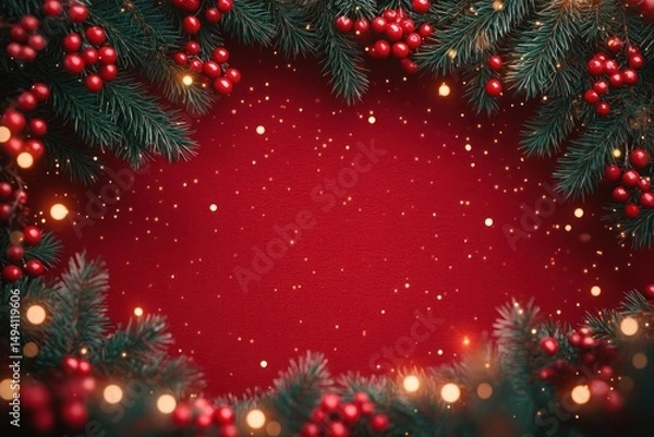 Obraz Festive evergreen branches with bright red berries framing a glowing red background with golden sparkling lights creating a warm, cheerful holiday atmosphere