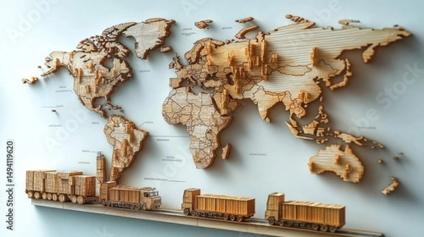 Obraz 3D wooden world map mounted on wall with carved detailed countries and continents featuring small wooden freight trucks below representing global transportation and trade