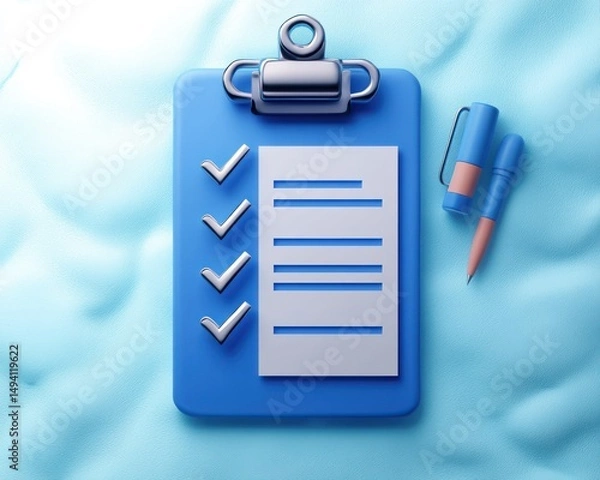 Obraz Blue clipboard with a checklist featuring four checked items and a piece of paper next to a pen and marker on a soft blue textured surface