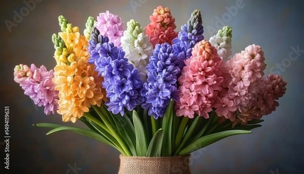 Obraz Vibrant bouquet of multicolored hyacinth flowers arranged in a rustic vase against a soft gradient background, evoking freshness and natural beauty