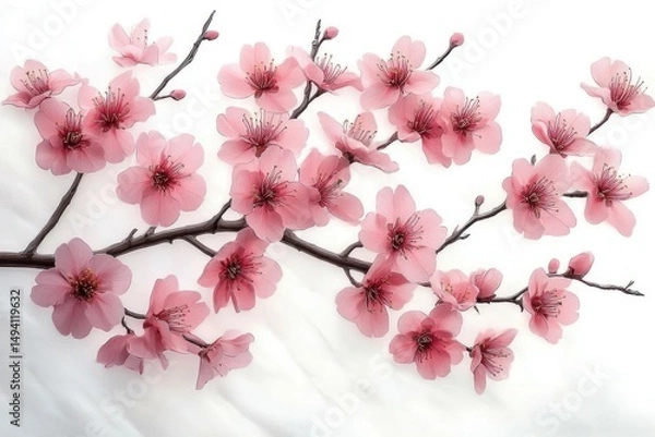 Obraz Delicate pink cherry blossom branch with multiple flowers and buds on white background, evoking tranquility and natural beauty