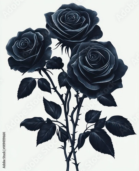 Obraz Close-up of three dark roses with detailed petals and leaves on white background, evoking elegance and mystery
