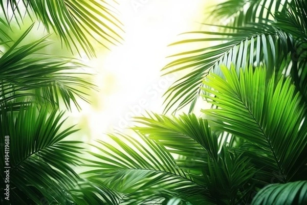 Obraz Close-up of lush green palm leaves with bright sunlight filtering through, creating a fresh and vibrant natural atmosphere