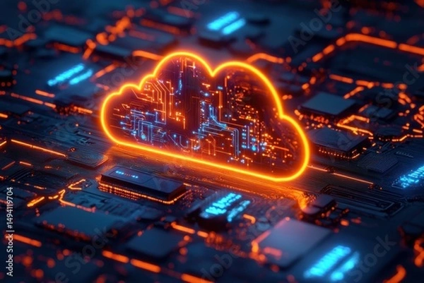 Obraz Glowing orange digital cloud icon with blue circuit patterns on a dark futuristic microchip board emitting ambient light