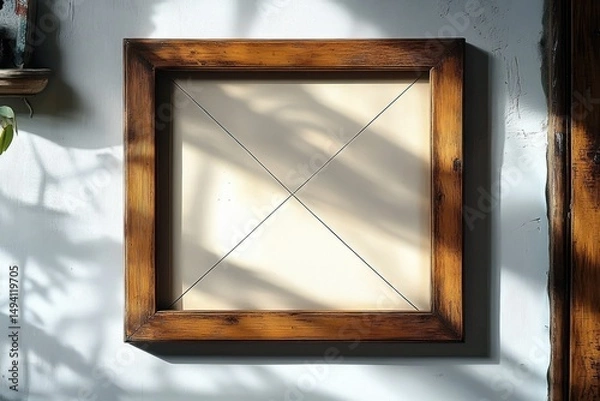 Obraz Empty wooden picture frame hanging on a white textured wall with window shadows casting patterns