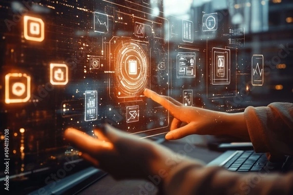 Obraz Person interacting with a futuristic digital touch screen interface displaying data charts and icons in a modern high-tech environment