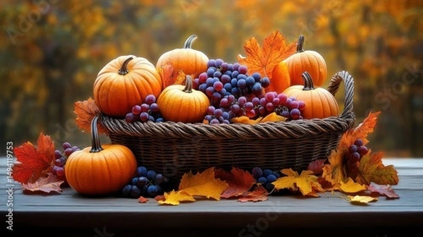 Obraz Wicker basket filled with small pumpkins and bunches of ripe purple grapes surrounded by colorful autumn leaves on wooden surface with blurred fall foliage background