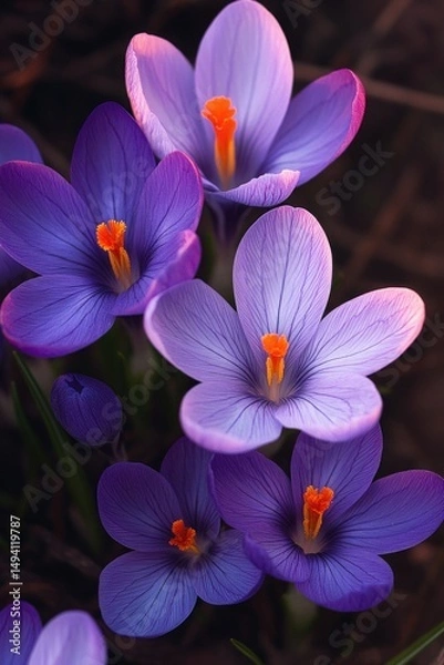 Obraz Close-up of blooming purple crocus flowers with vibrant orange stamens in soft natural light, showcasing delicate petals and early spring beauty