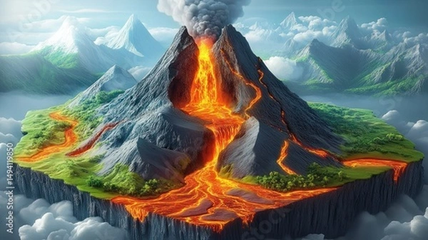 Obraz Active volcanic eruption with bright orange molten lava flowing down dark rocky mountains surrounded by green vegetation and distant snowy peaks under a cloudy sky